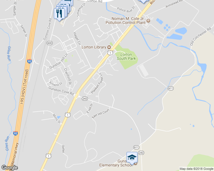 map of restaurants, bars, coffee shops, grocery stores, and more near 9759 Lorraine Carol Way in Lorton