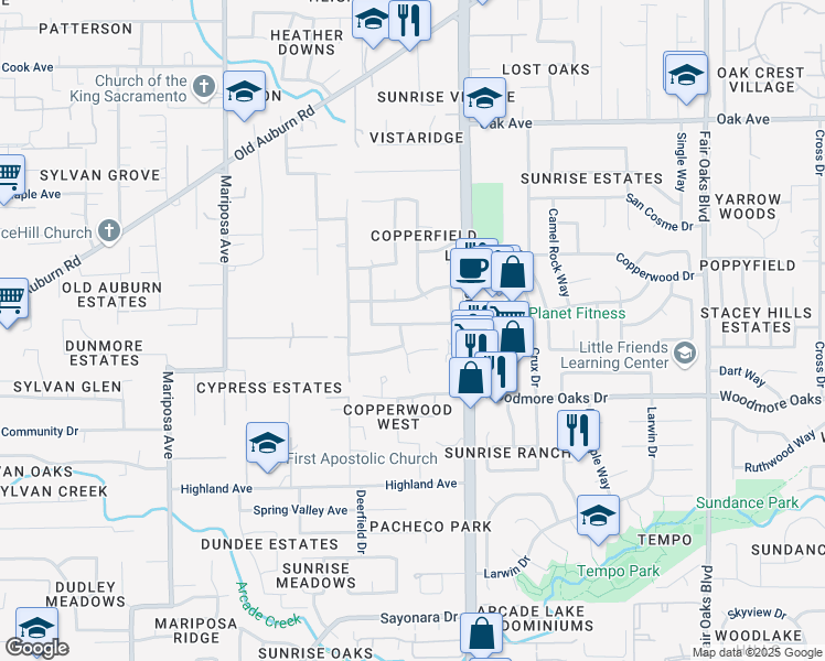 map of restaurants, bars, coffee shops, grocery stores, and more near 7045 Lynnetree Way in Citrus Heights