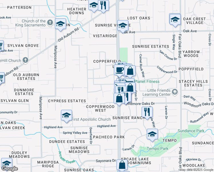map of restaurants, bars, coffee shops, grocery stores, and more near 7045 Lynnetree Way in Citrus Heights
