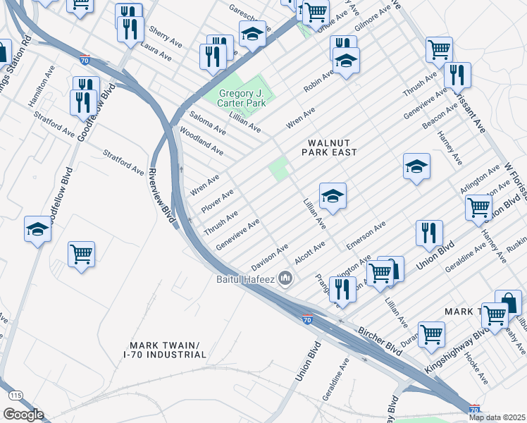 map of restaurants, bars, coffee shops, grocery stores, and more near 4913 Genevieve Avenue in St. Louis
