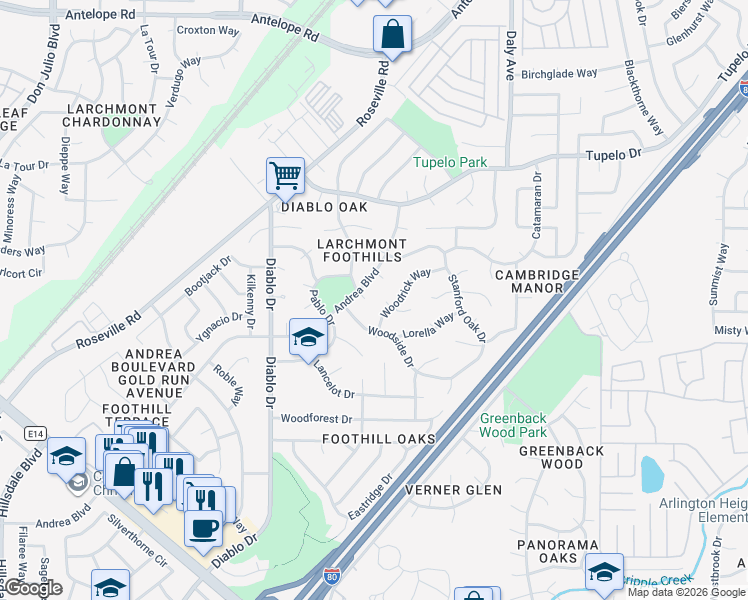 map of restaurants, bars, coffee shops, grocery stores, and more near 5644 Mount Prospect Court in Sacramento