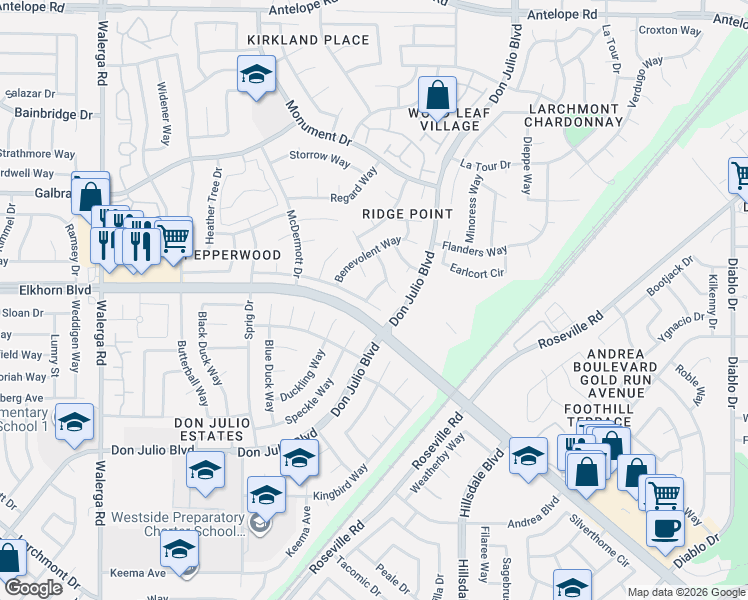 map of restaurants, bars, coffee shops, grocery stores, and more near 4829 Propitious Court in Sacramento