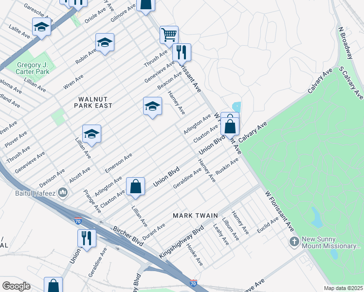 map of restaurants, bars, coffee shops, grocery stores, and more near 5381 Claxton Avenue in St. Louis