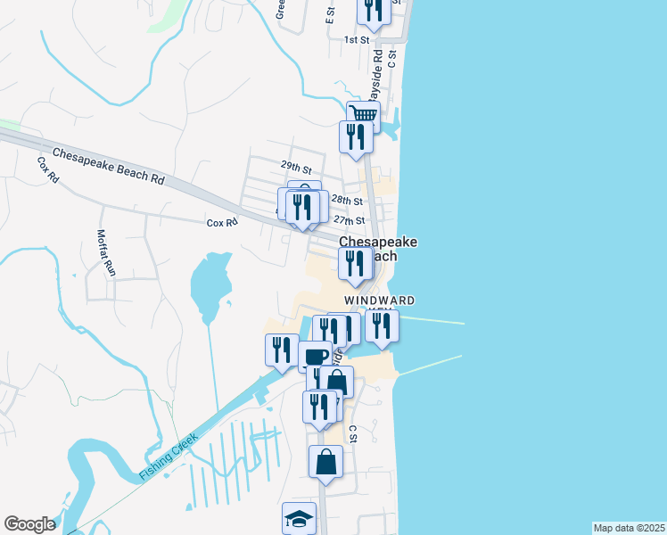 map of restaurants, bars, coffee shops, grocery stores, and more near 8181 D Street in Chesapeake Beach