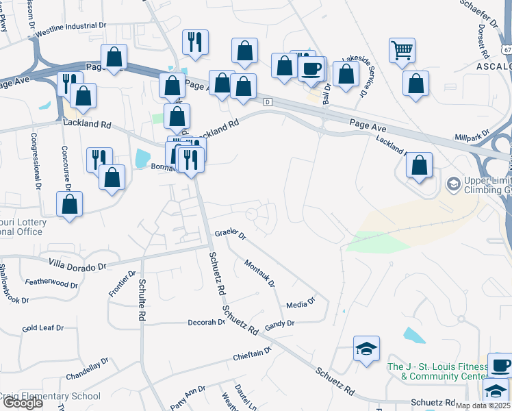 map of restaurants, bars, coffee shops, grocery stores, and more near 11525 Tivoli Lane in St. Louis
