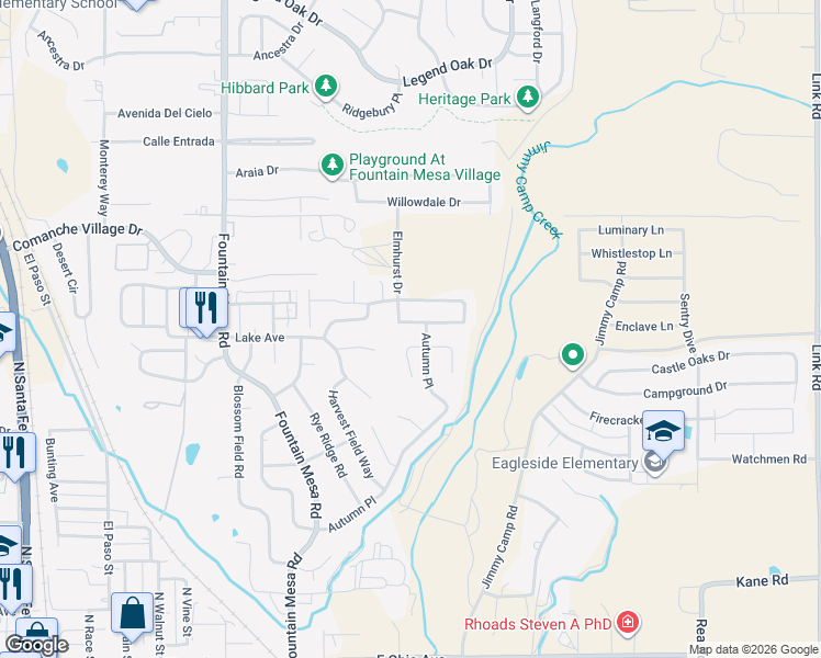 map of restaurants, bars, coffee shops, grocery stores, and more near 7419 Wind Haven Trail in Fountain