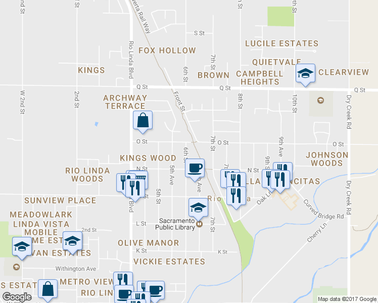 map of restaurants, bars, coffee shops, grocery stores, and more near 6932 6th Street in Rio Linda