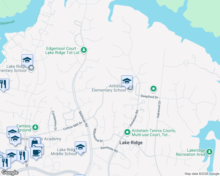 map of restaurants, bars, coffee shops, grocery stores, and more near 11949 Cotton Mill Drive in Woodbridge