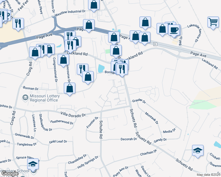 map of restaurants, bars, coffee shops, grocery stores, and more near 1833 Misty Moss Drive in St. Louis