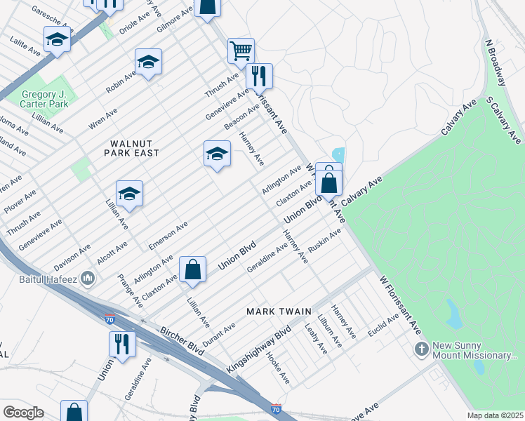 map of restaurants, bars, coffee shops, grocery stores, and more near 5381 Claxton Avenue in St. Louis