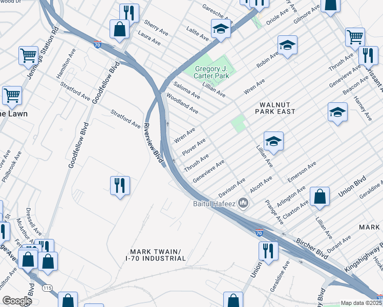 map of restaurants, bars, coffee shops, grocery stores, and more near 4726 Plover Ave in St Louis
