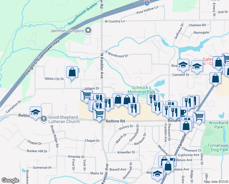 map of restaurants, bars, coffee shops, grocery stores, and more near 601 Camelot Drive in Collinsville