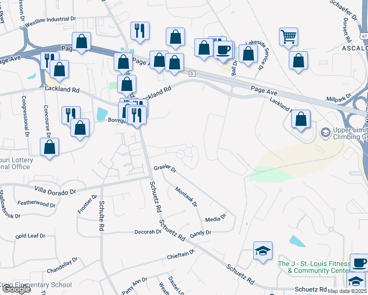 map of restaurants, bars, coffee shops, grocery stores, and more near 11525 Tivoli Lane in St. Louis