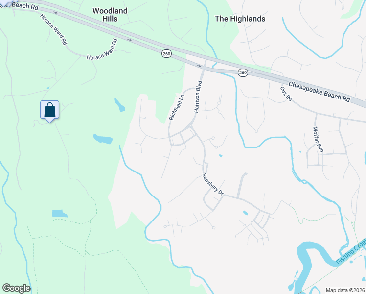 map of restaurants, bars, coffee shops, grocery stores, and more near 8145 Woodland Lane in Chesapeake Beach