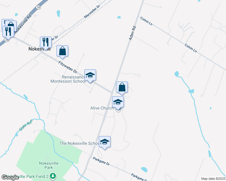 map of restaurants, bars, coffee shops, grocery stores, and more near 12008 Aden Road in Nokesville