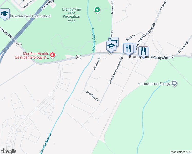 map of restaurants, bars, coffee shops, grocery stores, and more near 8806 Charm Court in Brandywine