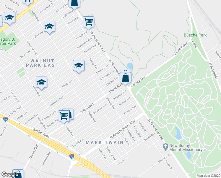 map of restaurants, bars, coffee shops, grocery stores, and more near 5427 Union Boulevard in St. Louis