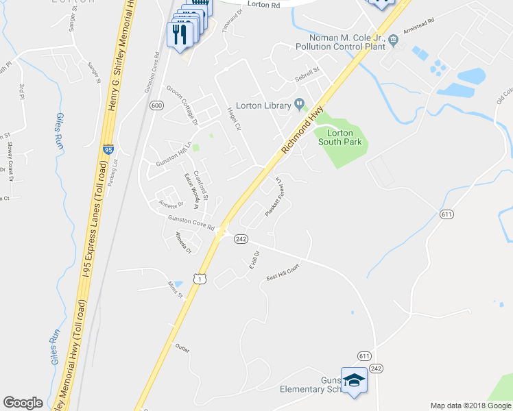map of restaurants, bars, coffee shops, grocery stores, and more near 7876 Cranford Farm Circle in Lorton