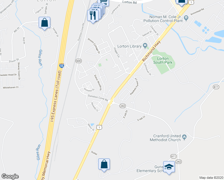 map of restaurants, bars, coffee shops, grocery stores, and more near 7910 Gunston Woods Place in Lorton