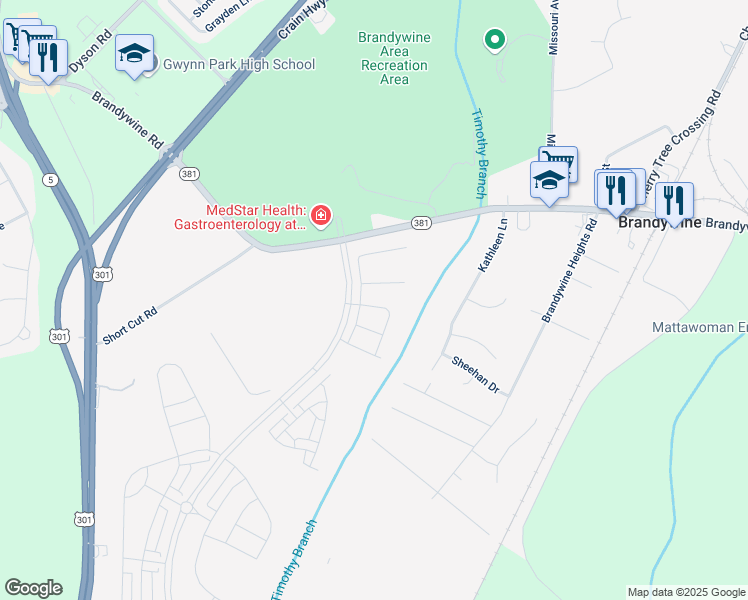 map of restaurants, bars, coffee shops, grocery stores, and more near 8402 Meadow Rock Court in Brandywine