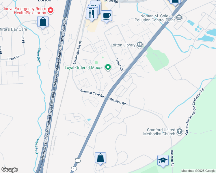 map of restaurants, bars, coffee shops, grocery stores, and more near 7910 Gunston Woods Place in Lorton