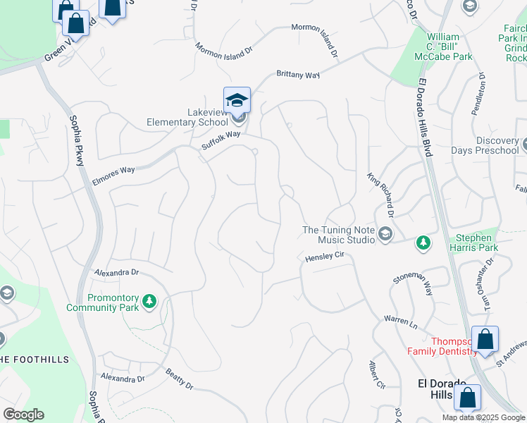 map of restaurants, bars, coffee shops, grocery stores, and more near 2791 Giorno Way in El Dorado Hills