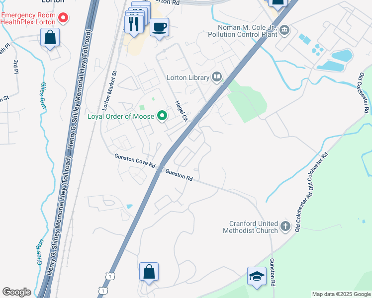 map of restaurants, bars, coffee shops, grocery stores, and more near 7876 Cranford Farm Circle in Lorton