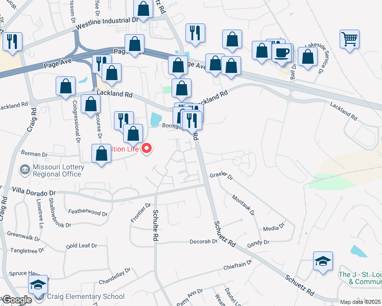 map of restaurants, bars, coffee shops, grocery stores, and more near 11520 Northbrook Way in St. Louis