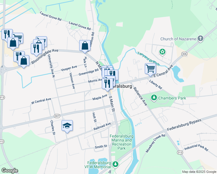 map of restaurants, bars, coffee shops, grocery stores, and more near 102 West Central Avenue in Federalsburg