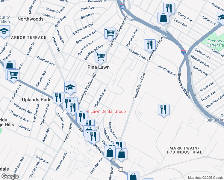 map of restaurants, bars, coffee shops, grocery stores, and more near 4365 Dardenne Drive in St. Louis