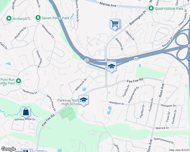 map of restaurants, bars, coffee shops, grocery stores, and more near 12735 Parkway Estates Drive in St. Louis