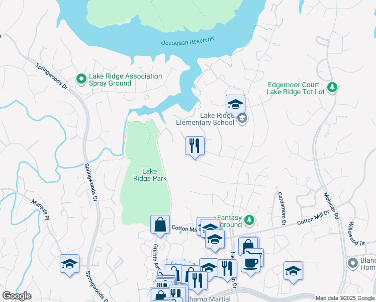 map of restaurants, bars, coffee shops, grocery stores, and more near 3489 Mount Burnside Way in Woodbridge