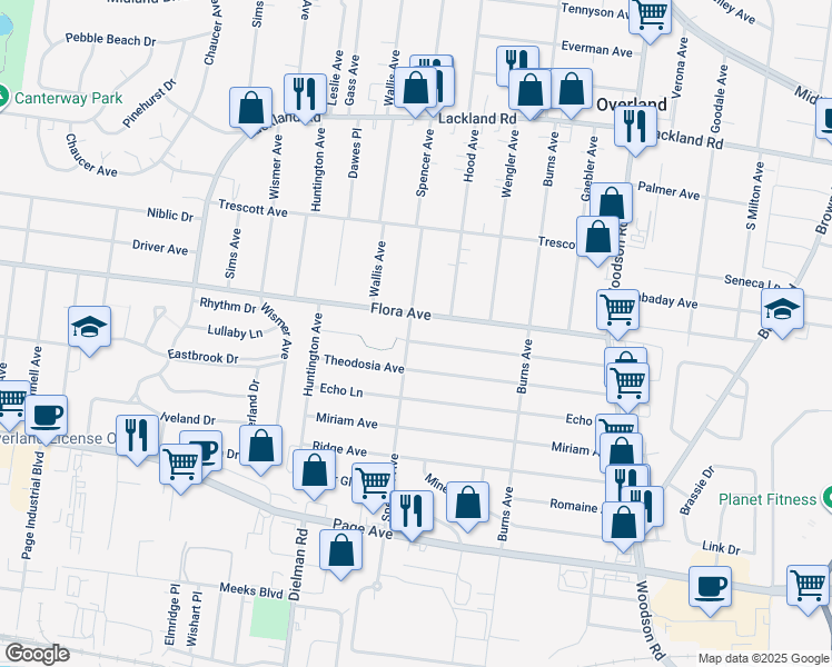 map of restaurants, bars, coffee shops, grocery stores, and more near 9617 Cote Brilliante Avenue in Overland