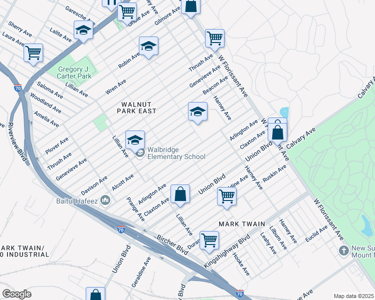 map of restaurants, bars, coffee shops, grocery stores, and more near 5241 Emerson Avenue in St. Louis