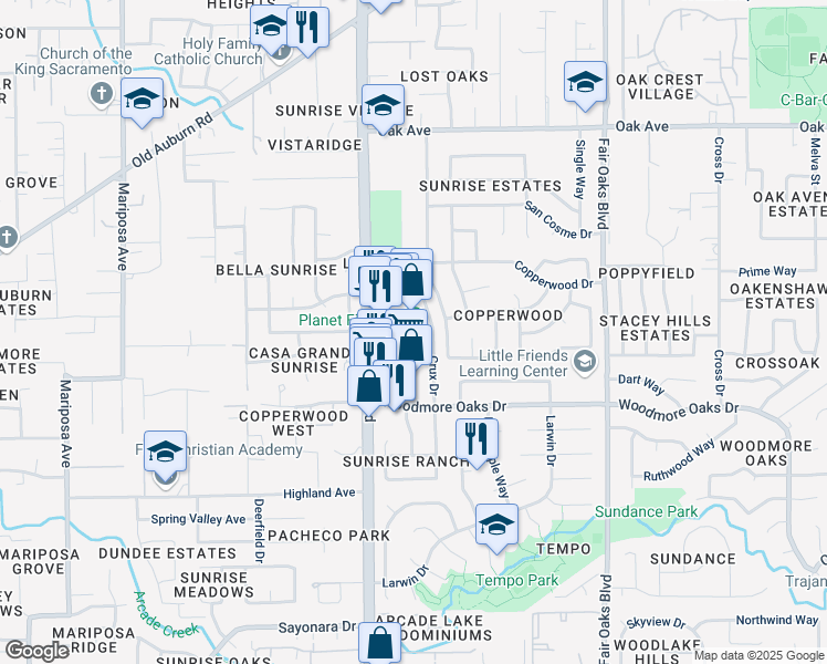 map of restaurants, bars, coffee shops, grocery stores, and more near 7016 Sunrise Boulevard in Citrus Heights