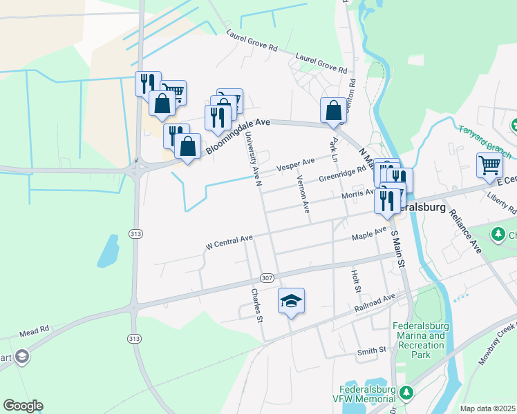 map of restaurants, bars, coffee shops, grocery stores, and more near 106 University Avenue North in Federalsburg