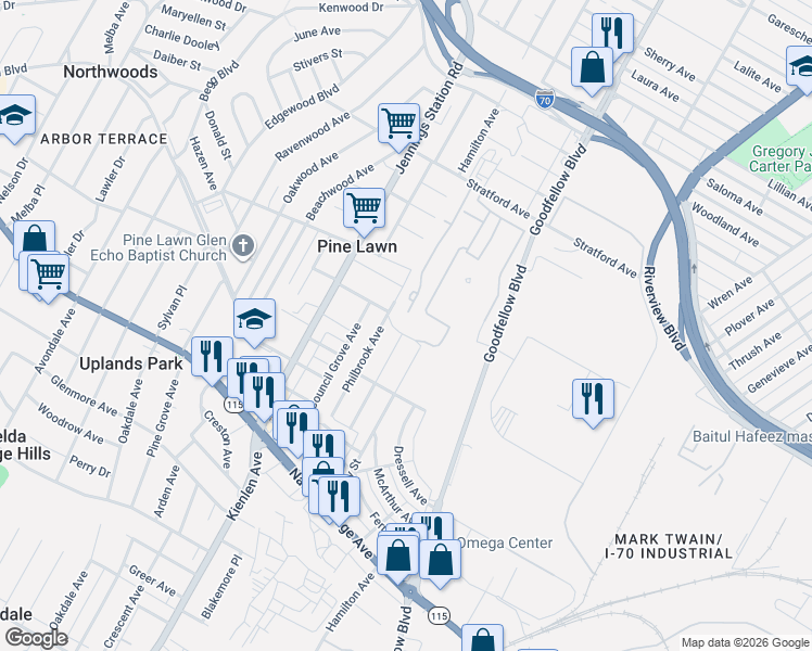 map of restaurants, bars, coffee shops, grocery stores, and more near 4365 Dardenne Drive in St. Louis