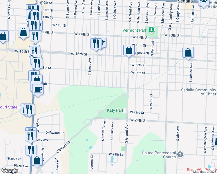 map of restaurants, bars, coffee shops, grocery stores, and more near 1053 West 20th Street in Sedalia