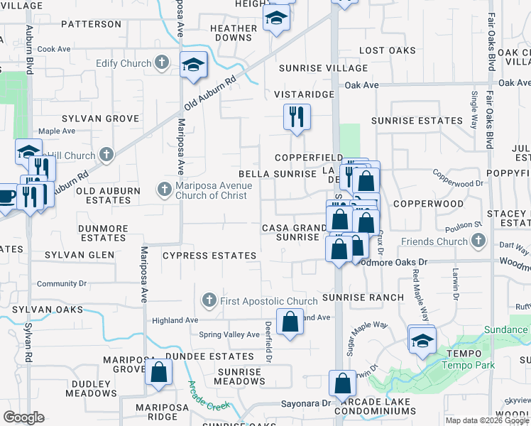 map of restaurants, bars, coffee shops, grocery stores, and more near 7015 Larkspur Avenue in Citrus Heights