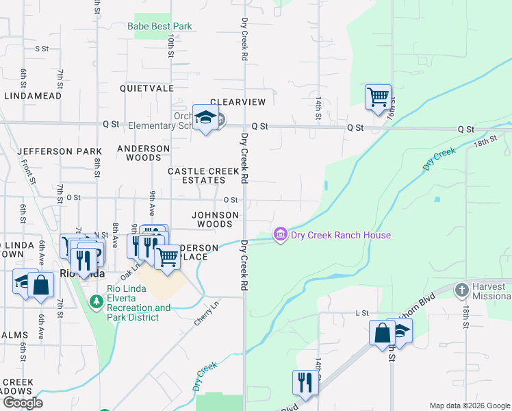 map of restaurants, bars, coffee shops, grocery stores, and more near 1288 O Street in Rio Linda