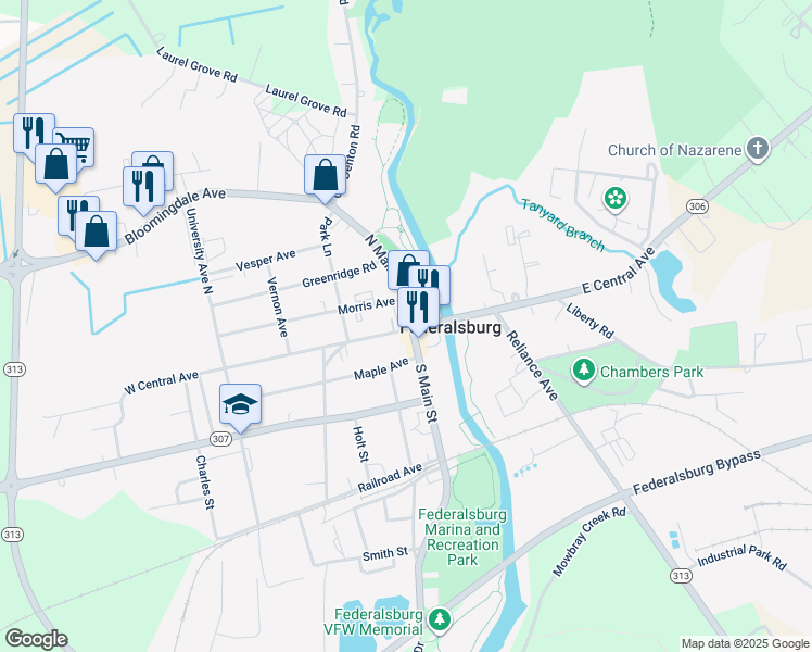 map of restaurants, bars, coffee shops, grocery stores, and more near 100 North Main Street in Federalsburg