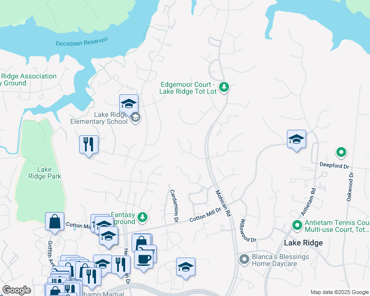 map of restaurants, bars, coffee shops, grocery stores, and more near 3162 Ironhorse Drive in Woodbridge