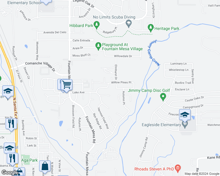 map of restaurants, bars, coffee shops, grocery stores, and more near 7375 Oakshire Way in Fountain