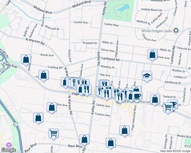 map of restaurants, bars, coffee shops, grocery stores, and more near 1820 Ashby Road in Overland