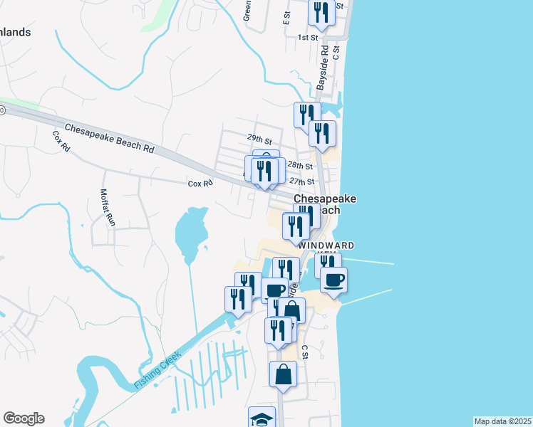 map of restaurants, bars, coffee shops, grocery stores, and more near 8028 E Street in Chesapeake Beach