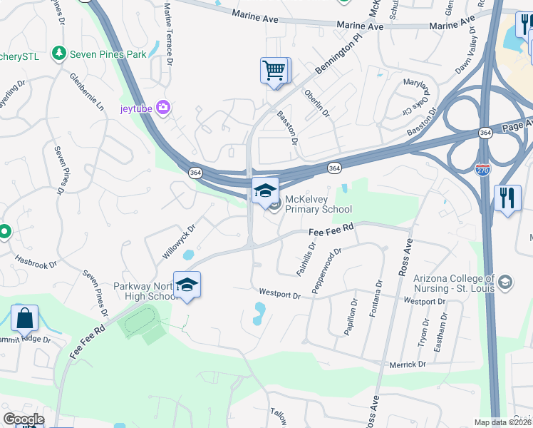 map of restaurants, bars, coffee shops, grocery stores, and more near 12657 Fee Fee Road in St. Louis