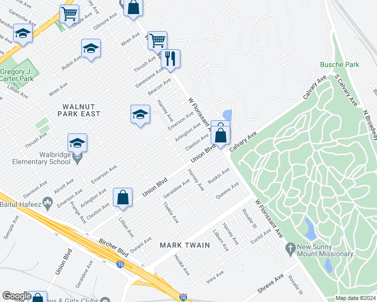 map of restaurants, bars, coffee shops, grocery stores, and more near 5420 Claxton Avenue in St. Louis