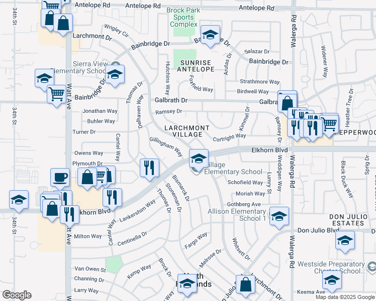 map of restaurants, bars, coffee shops, grocery stores, and more near 6953 Larchmont Drive in North Highlands