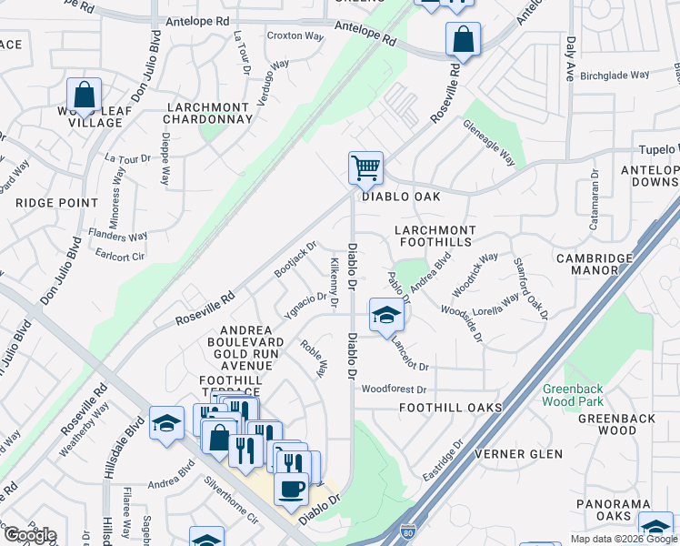 map of restaurants, bars, coffee shops, grocery stores, and more near 7040 Kilkenny Drive in Sacramento