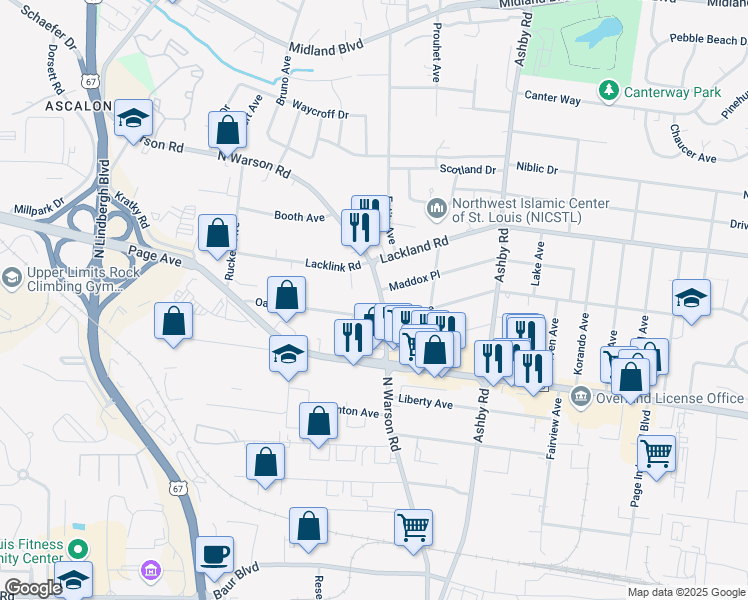 map of restaurants, bars, coffee shops, grocery stores, and more near 10715 Oak Avenue in St. Louis
